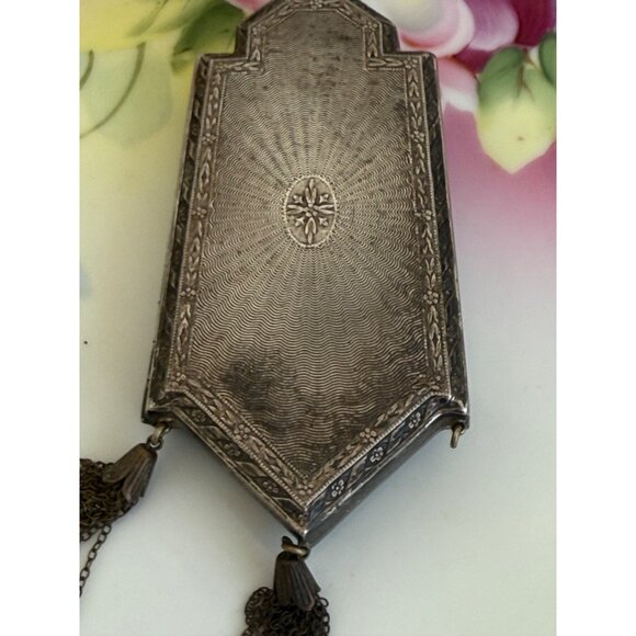 Antique 1910s Compact Coin Purse Silverplate Guilloche Enamel - Picture 3 of 16